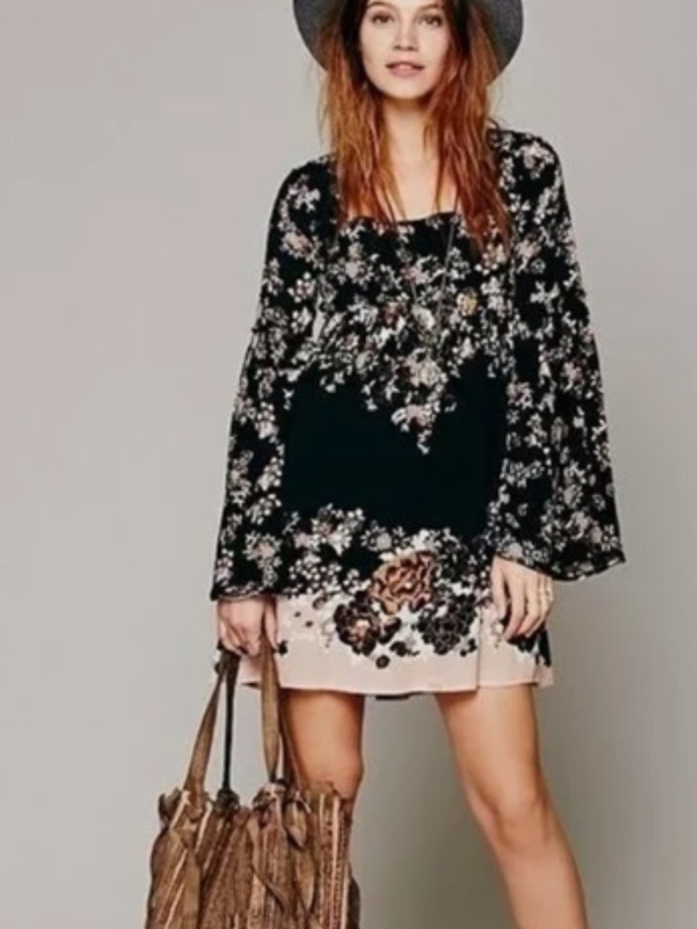 Black Floral Bell Sleeve Mini Dress with Blush Hem